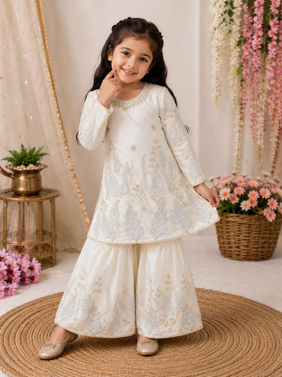 White Pure Soft Fendy Silk
Sequins Embroidery Work Kids Salwar Suite
