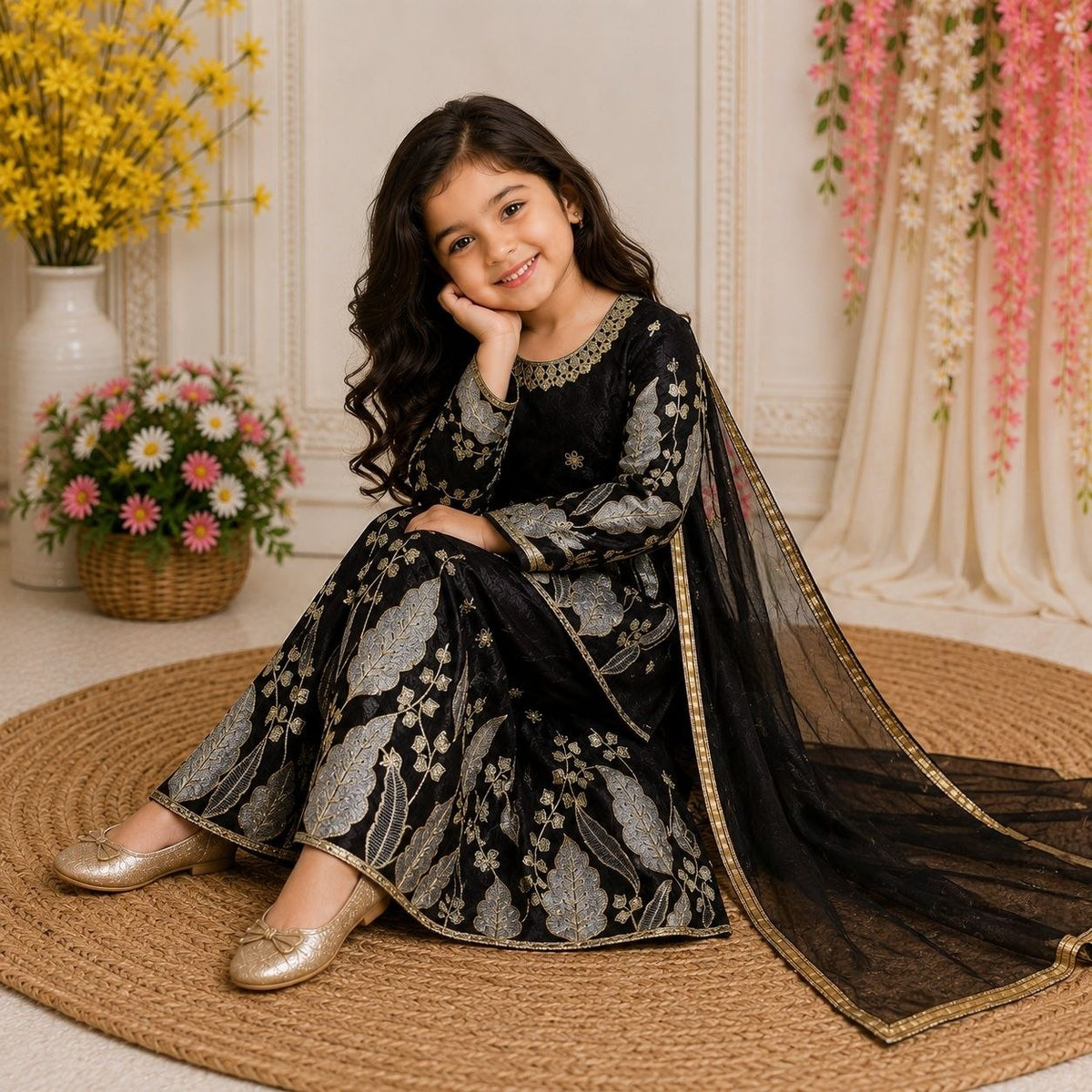Red Pure Soft Fendy Silk
Sequins Embroidery Work Kids Salwar Suite