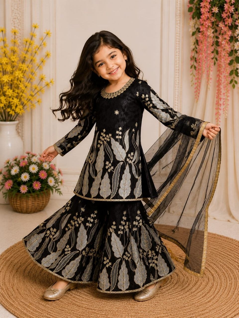 Red Pure Soft Fendy Silk
Sequins Embroidery Work Kids Salwar Suite