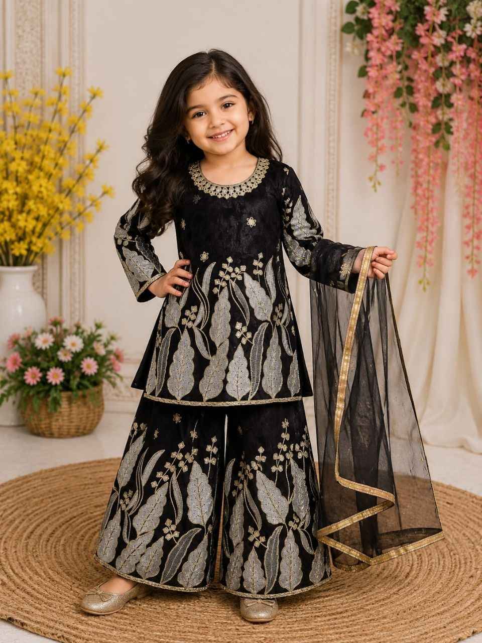 Red Pure Soft Fendy Silk
Sequins Embroidery Work Kids Salwar Suite
