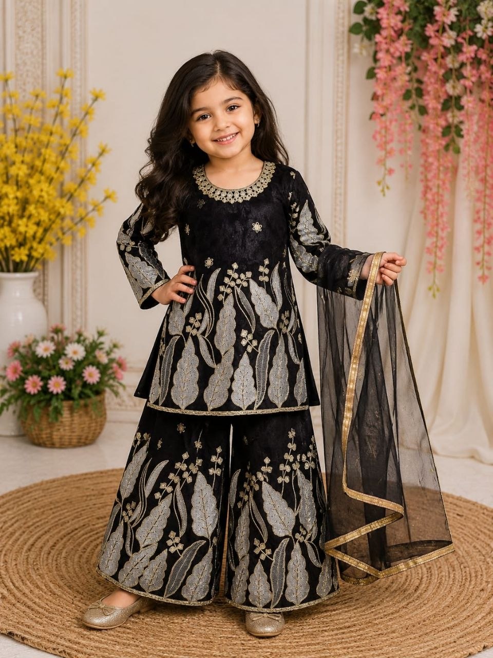 Red Pure Soft Fendy Silk
Sequins Embroidery Work Kids Salwar Suite