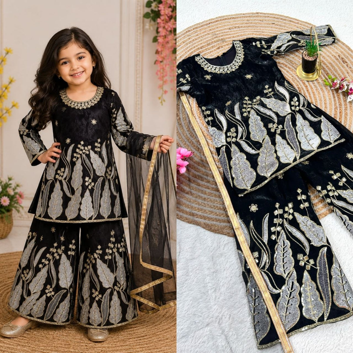 Red Pure Soft Fendy Silk
Sequins Embroidery Work Kids Salwar Suite