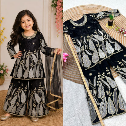 Red Pure Soft Fendy Silk
Sequins Embroidery Work Kids Salwar Suite