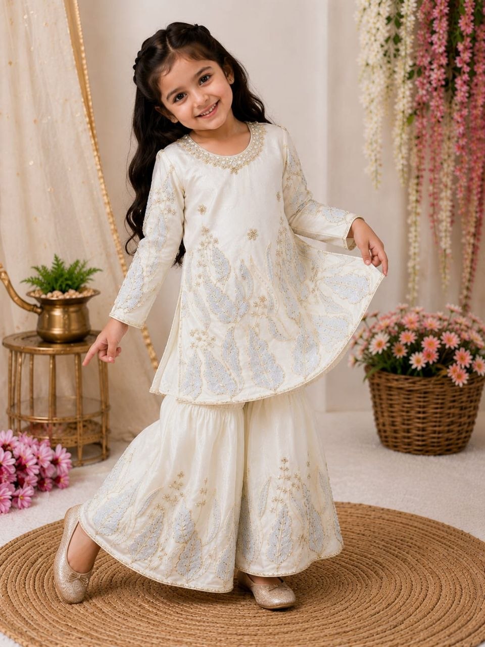 White Pure Soft Fendy Silk
Sequins Embroidery Work Kids Salwar Suite