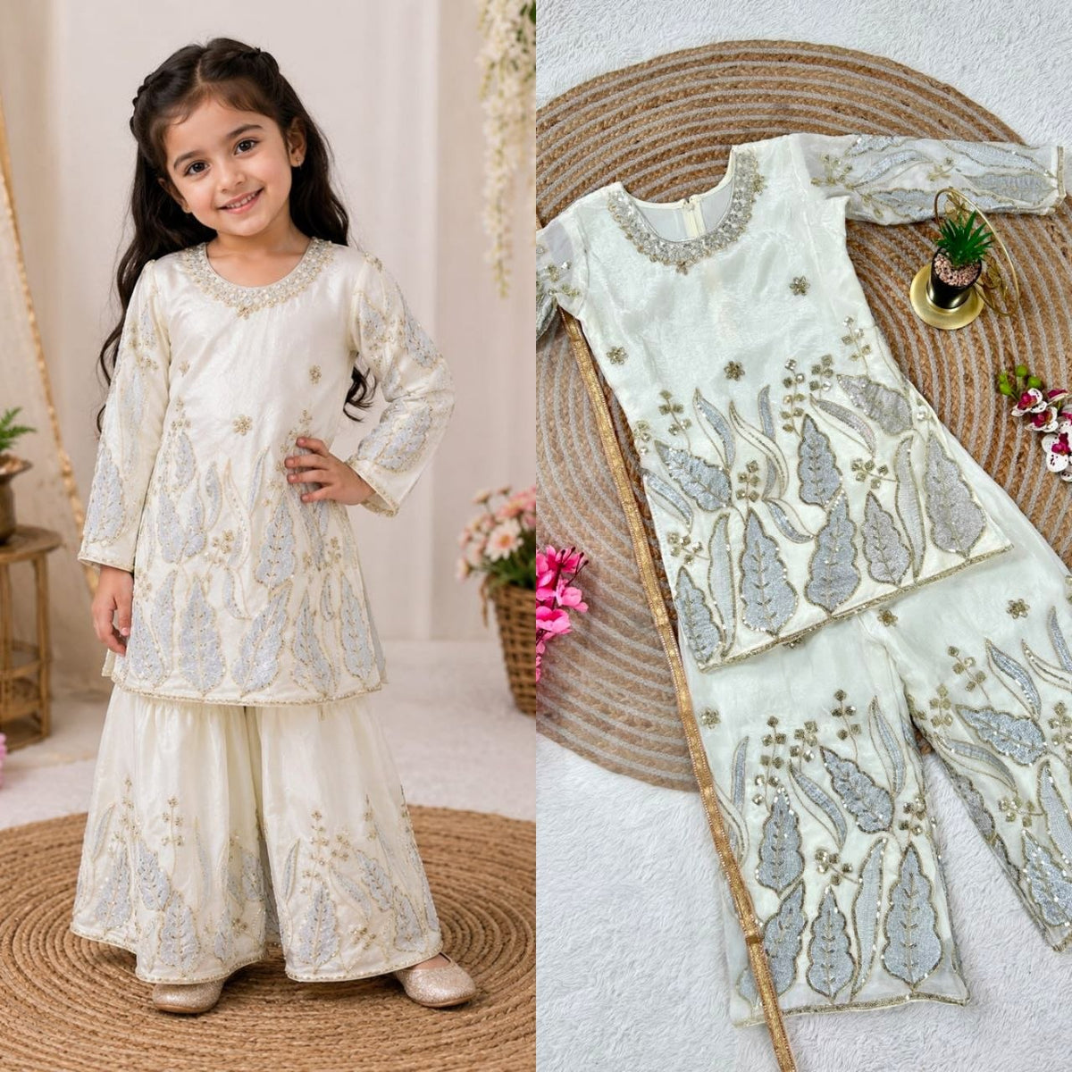 White Pure Soft Fendy Silk
Sequins Embroidery Work Kids Salwar Suite