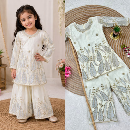 White Pure Soft Fendy Silk
Sequins Embroidery Work Kids Salwar Suite