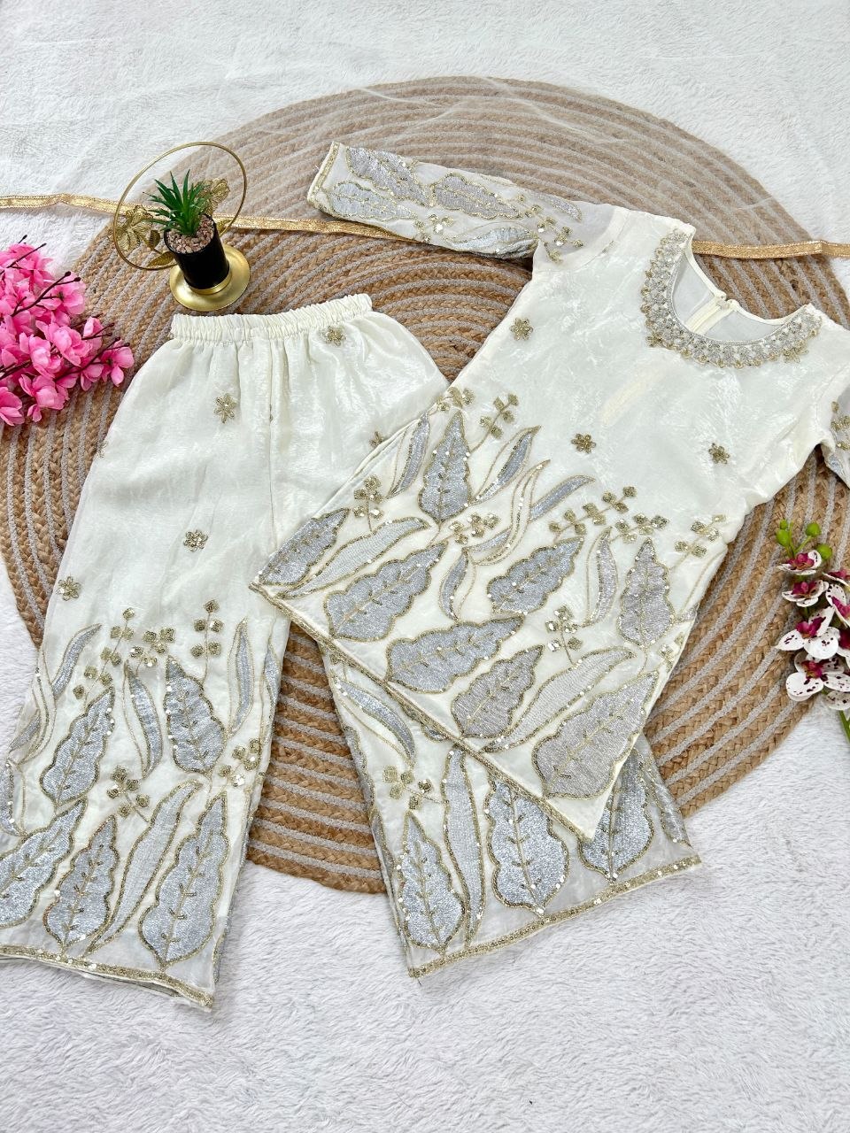 White Pure Soft Fendy Silk
Sequins Embroidery Work Kids Salwar Suite