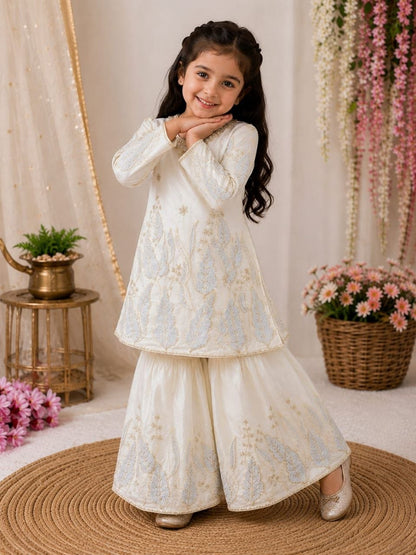 White Pure Soft Fendy Silk
Sequins Embroidery Work Kids Salwar Suite