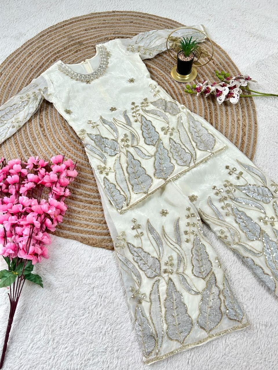 White Pure Soft Fendy Silk
Sequins Embroidery Work Kids Salwar Suite