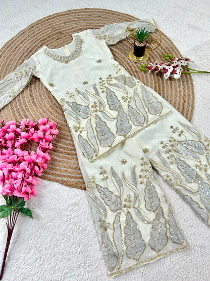 White Pure Soft Fendy Silk
Sequins Embroidery Work Kids Salwar Suite