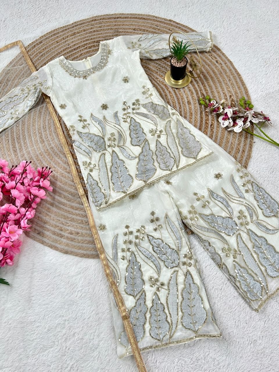 White Pure Soft Fendy Silk
Sequins Embroidery Work Kids Salwar Suite