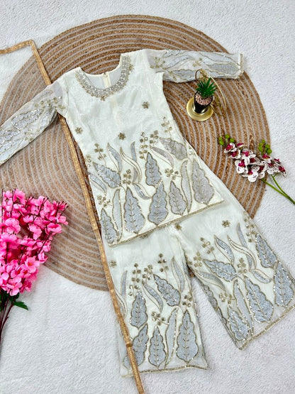 White Pure Soft Fendy Silk
Sequins Embroidery Work Kids Salwar Suite