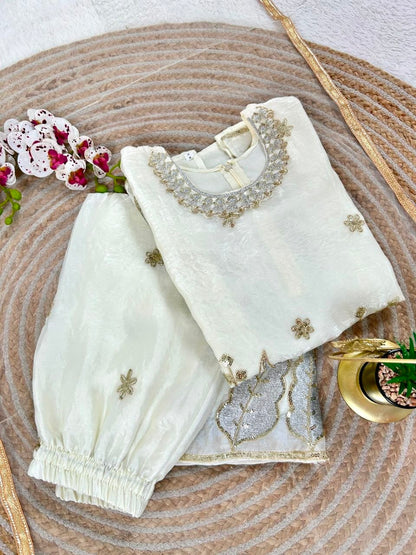 White Pure Soft Fendy Silk
Sequins Embroidery Work Kids Salwar Suite
