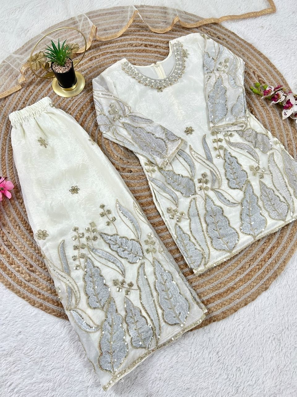 White Pure Soft Fendy Silk
Sequins Embroidery Work Kids Salwar Suite
