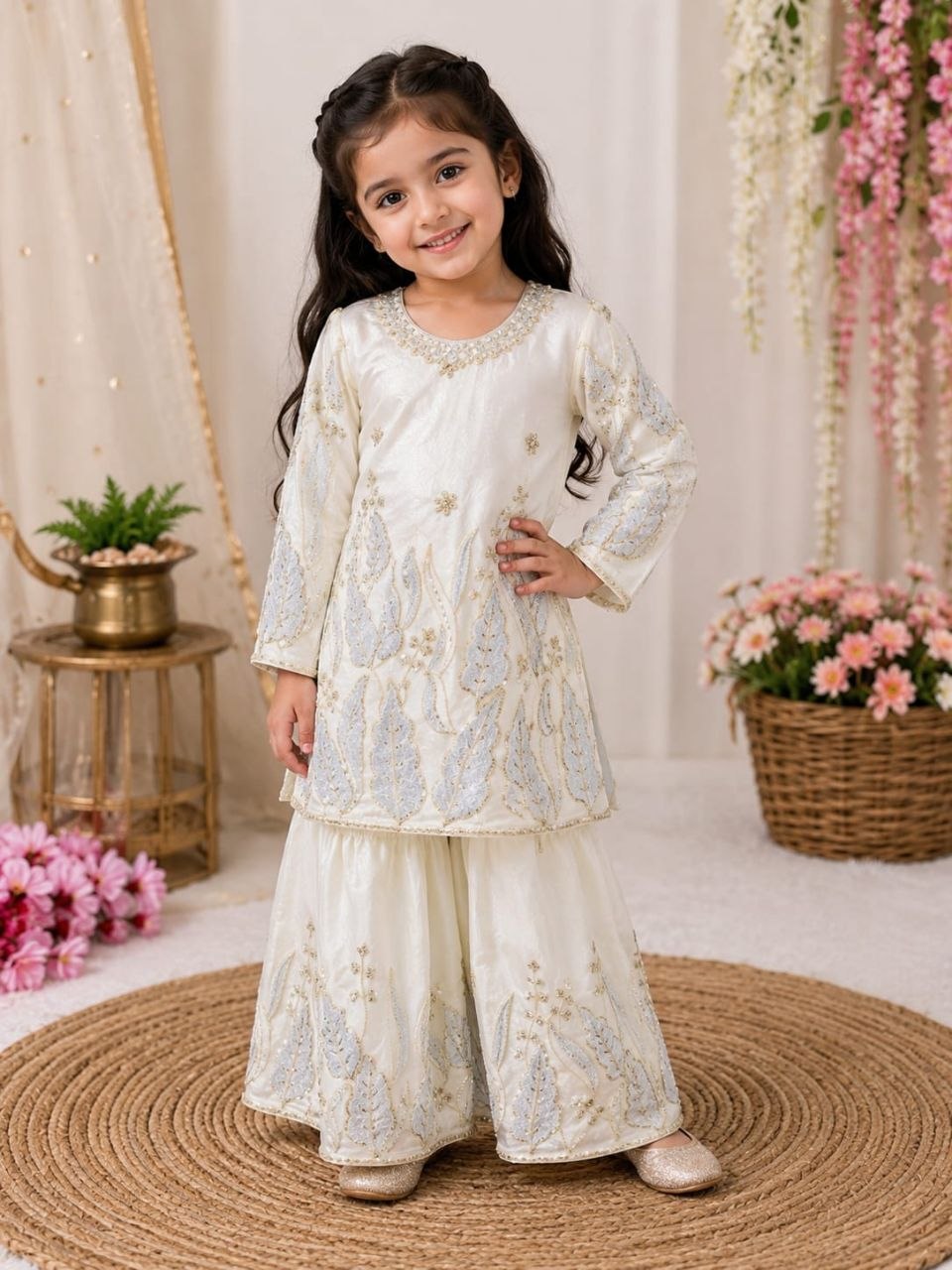 White Pure Soft Fendy Silk
Sequins Embroidery Work Kids Salwar Suite