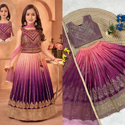 Purple Pure Soft Chinon Silk
Sequins Embroidery Work Kids Lehenga Choli