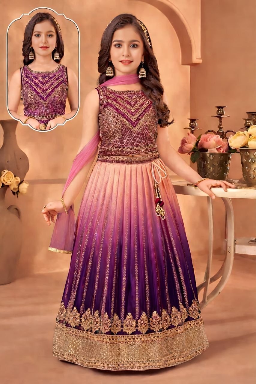 Purple Pure Soft Chinon Silk
Sequins Embroidery Work Kids Lehenga Choli