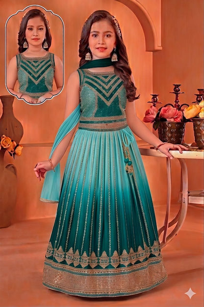 Green Pure Soft Chinon Silk
Sequins Embroidery Work Kids Lehenga Choli