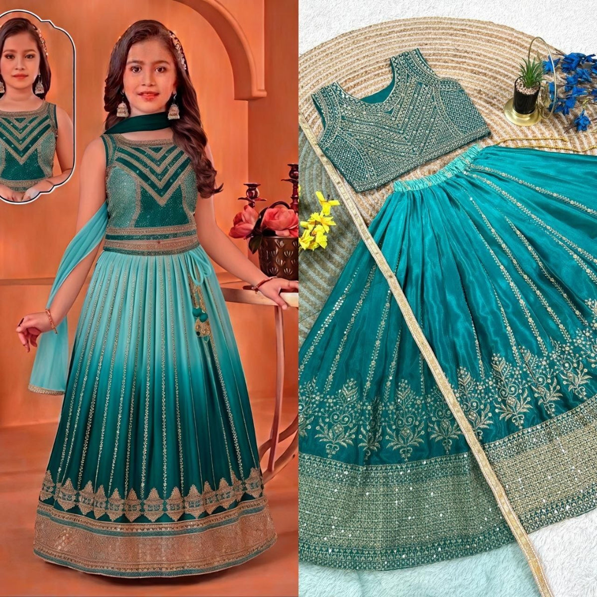 Green Pure Soft Chinon Silk
Sequins Embroidery Work Kids Lehenga Choli