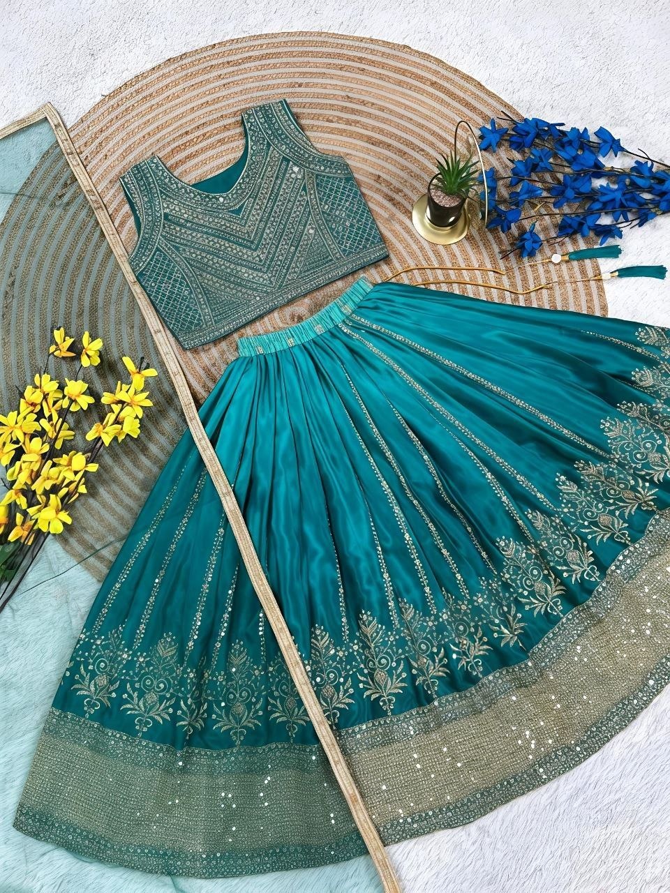 Green Pure Soft Chinon Silk
Sequins Embroidery Work Kids Lehenga Choli