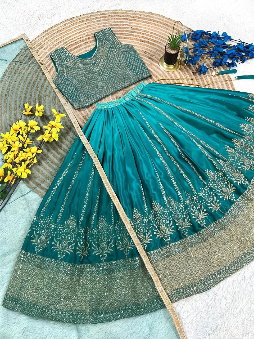 Green Pure Soft Chinon Silk
Sequins Embroidery Work Kids Lehenga Choli