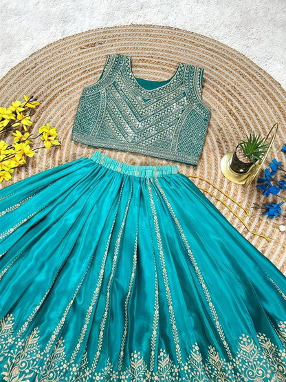 Green Pure Soft Chinon Silk
Sequins Embroidery Work Kids Lehenga Choli