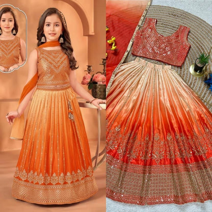 Orange Pure Soft Chinon Silk
Sequins Embroidery Work Kids Lehenga Choli