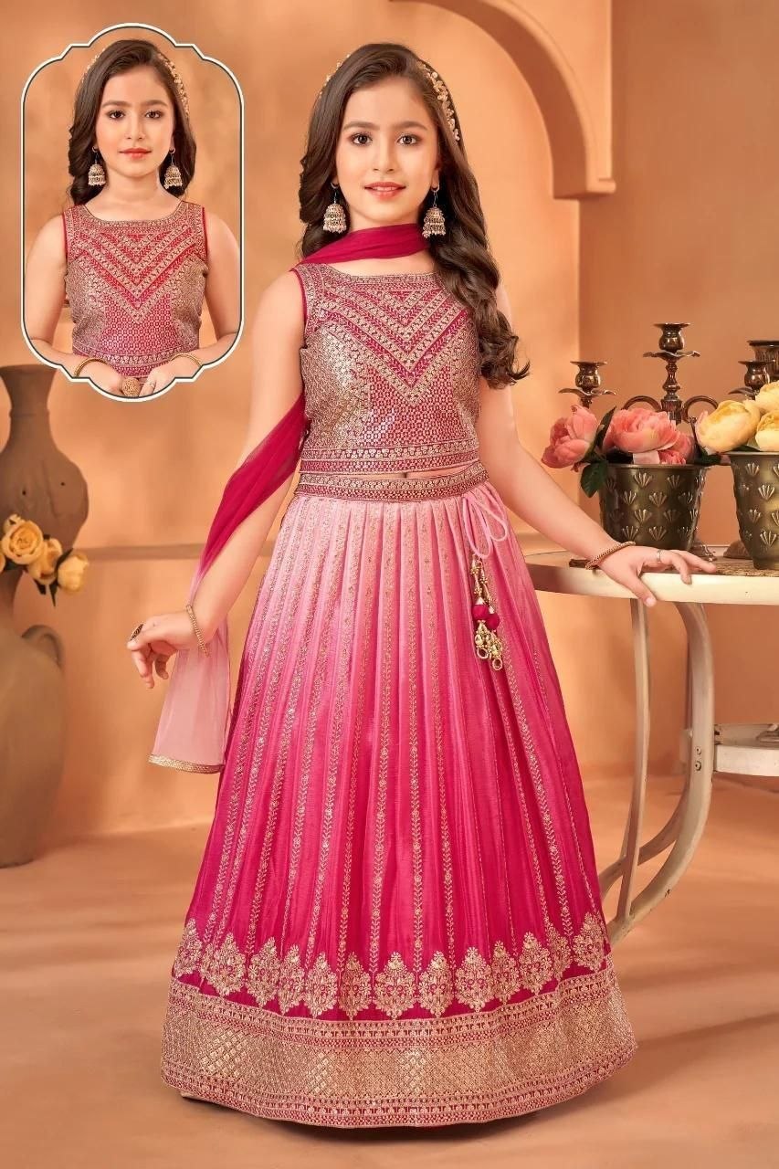 Pink Pure Soft Chinon Silk
Sequins Embroidery Work Kids Lehenga Choli