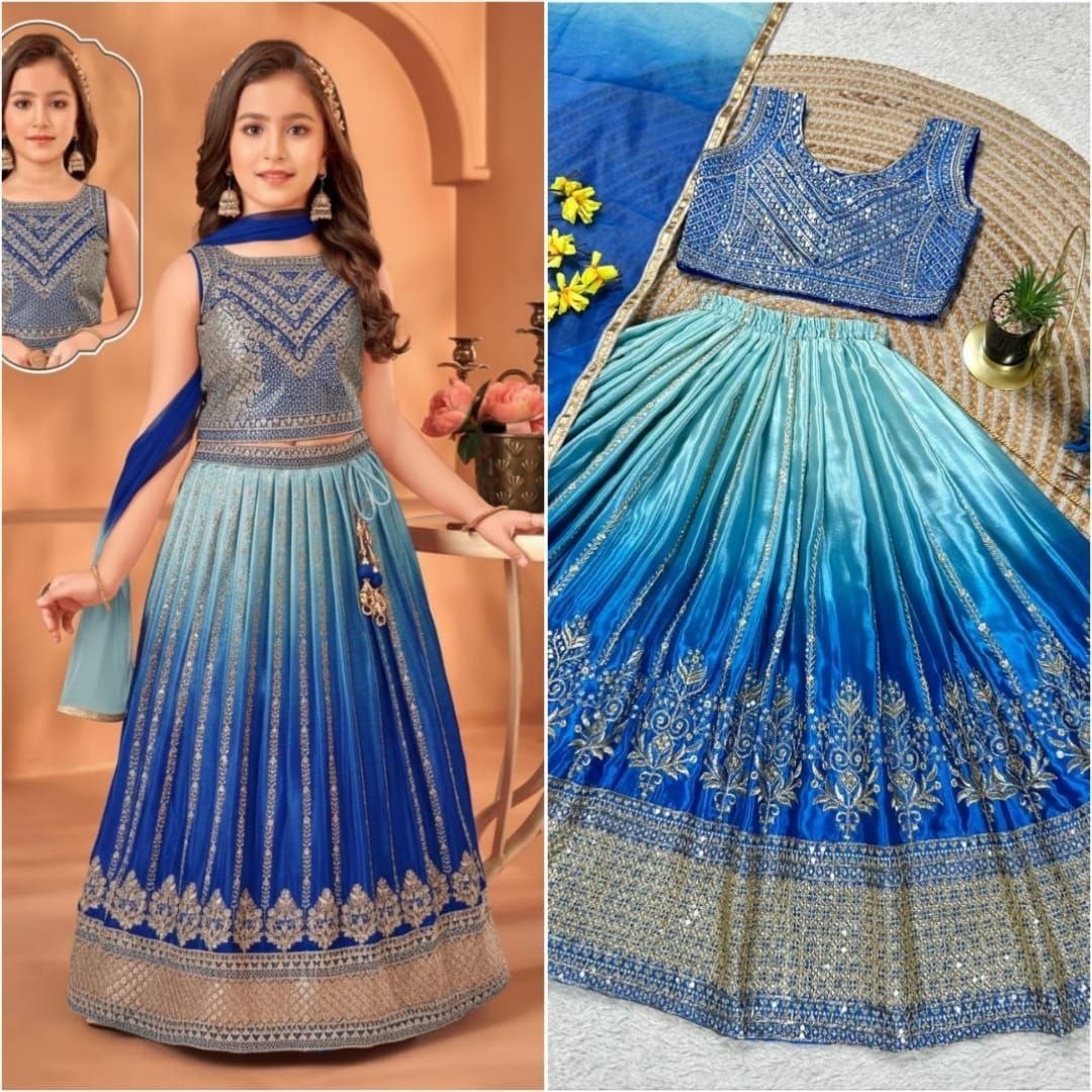 Sky Pure Soft Chinon Silk
Sequins Embroidery Work Kids Lehenga Choli