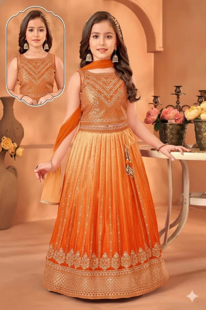 Orange Pure Soft Chinon Silk
Sequins Embroidery Work Kids Lehenga Choli