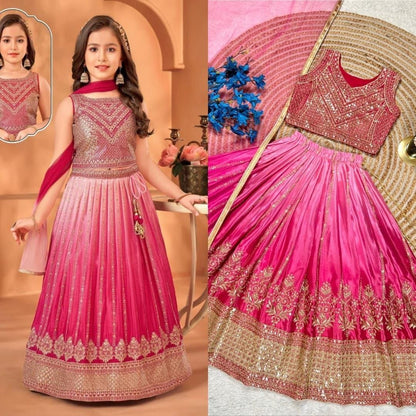 Pink Pure Soft Chinon Silk
Sequins Embroidery Work Kids Lehenga Choli