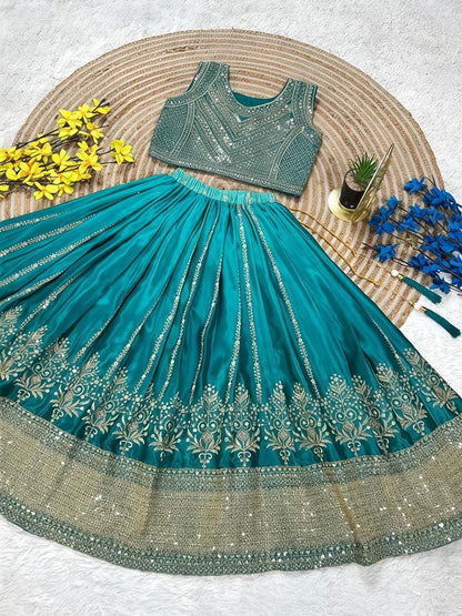 Green Pure Soft Chinon Silk
Sequins Embroidery Work Kids Lehenga Choli