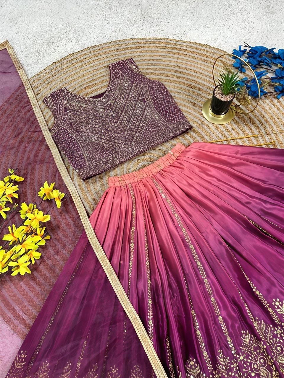 Purple Pure Soft Chinon Silk
Sequins Embroidery Work Kids Lehenga Choli