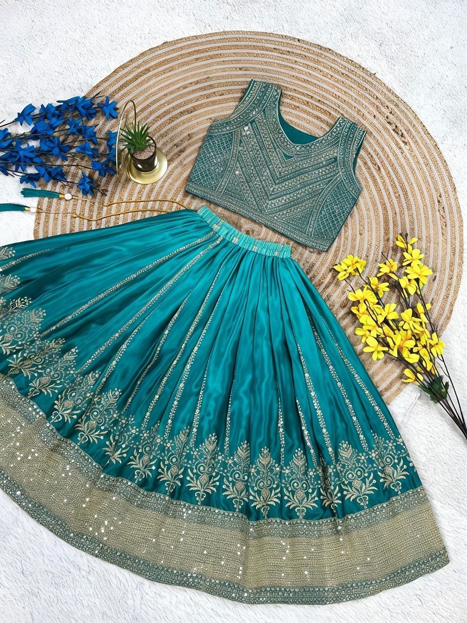 Green Pure Soft Chinon Silk
Sequins Embroidery Work Kids Lehenga Choli