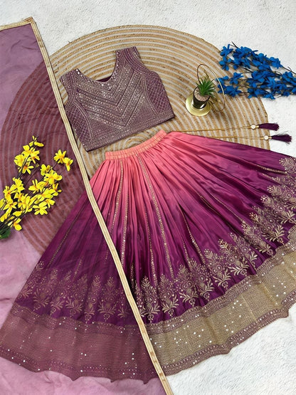 Purple Pure Soft Chinon Silk
Sequins Embroidery Work Kids Lehenga Choli