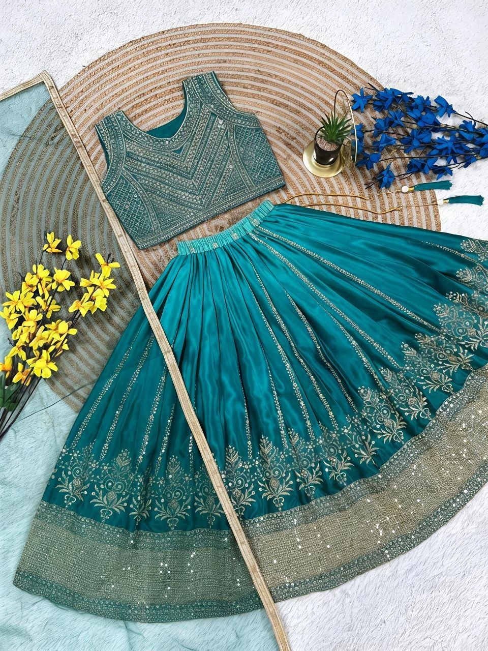 Green Pure Soft Chinon Silk
Sequins Embroidery Work Kids Lehenga Choli