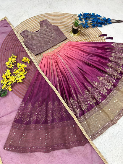 Purple Pure Soft Chinon Silk
Sequins Embroidery Work Kids Lehenga Choli