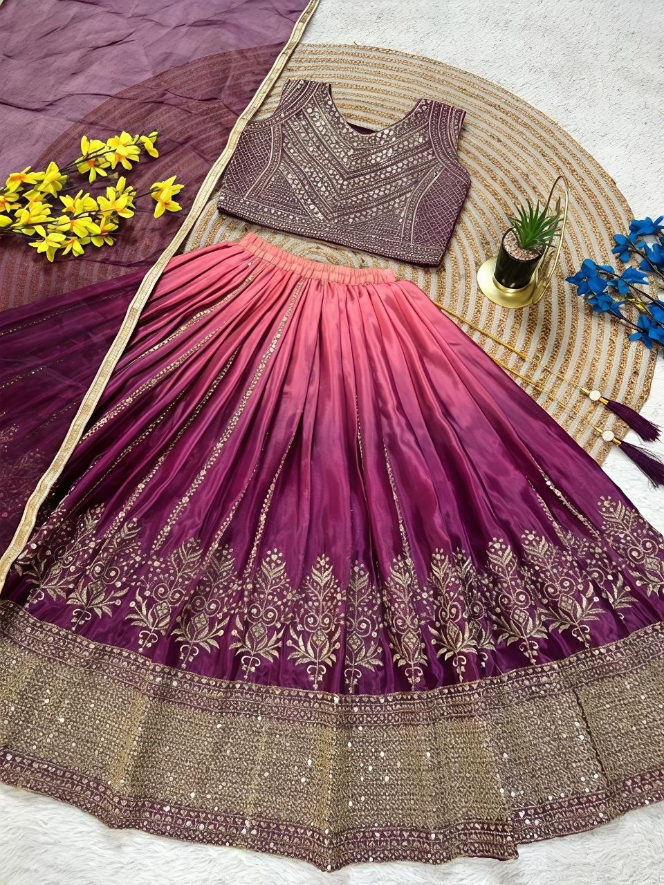 Purple Pure Soft Chinon Silk
Sequins Embroidery Work Kids Lehenga Choli