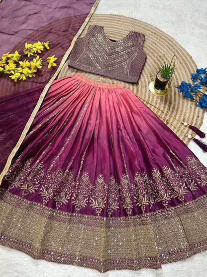 Purple Pure Soft Chinon Silk
Sequins Embroidery Work Kids Lehenga Choli