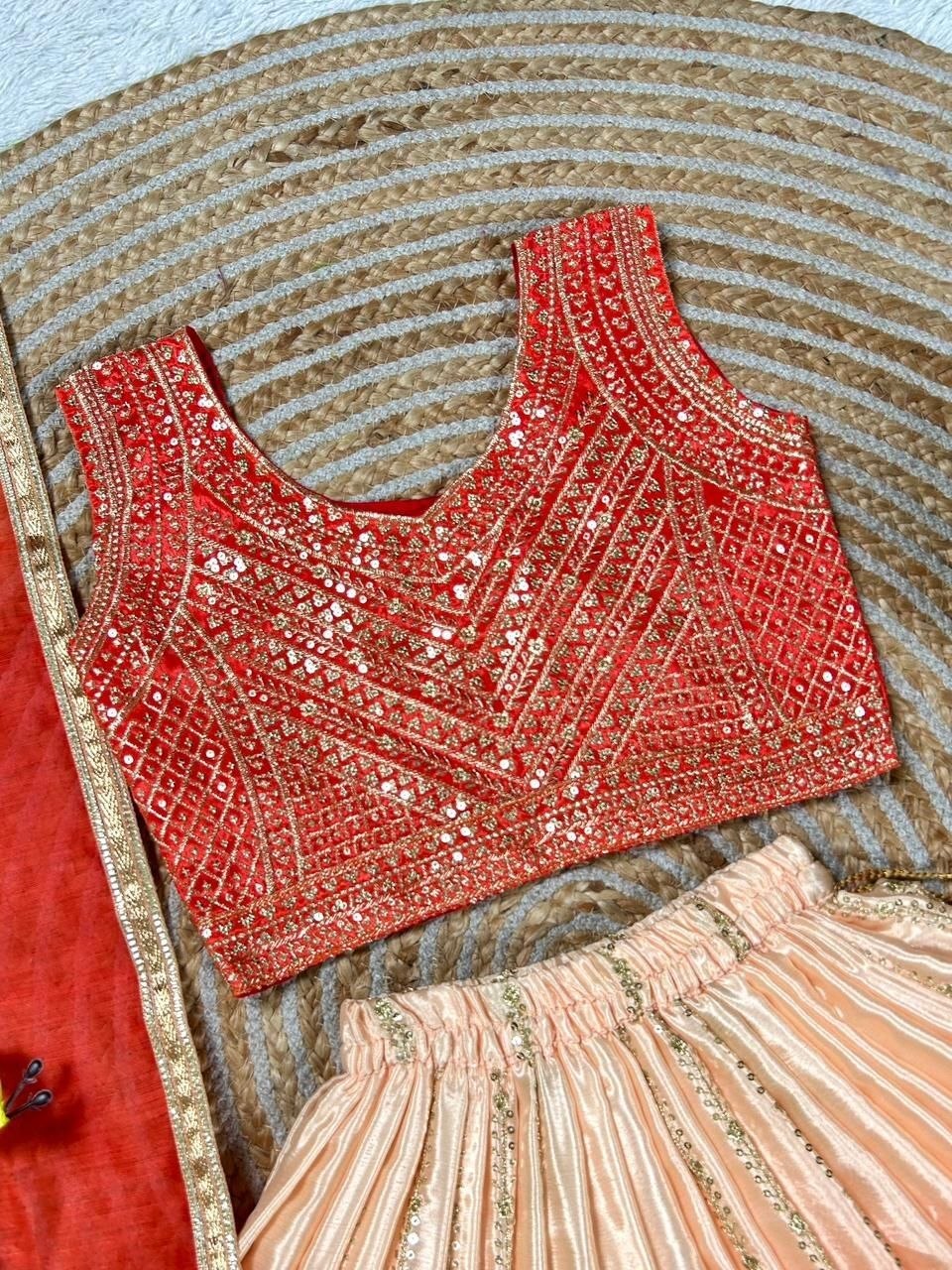 Orange Pure Soft Chinon Silk
Sequins Embroidery Work Kids Lehenga Choli