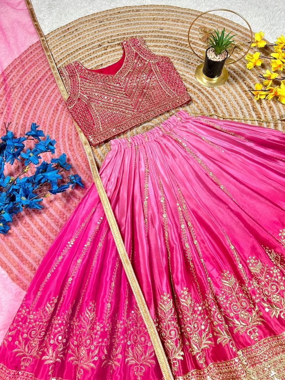 Pink Pure Soft Chinon Silk
Sequins Embroidery Work Kids Lehenga Choli