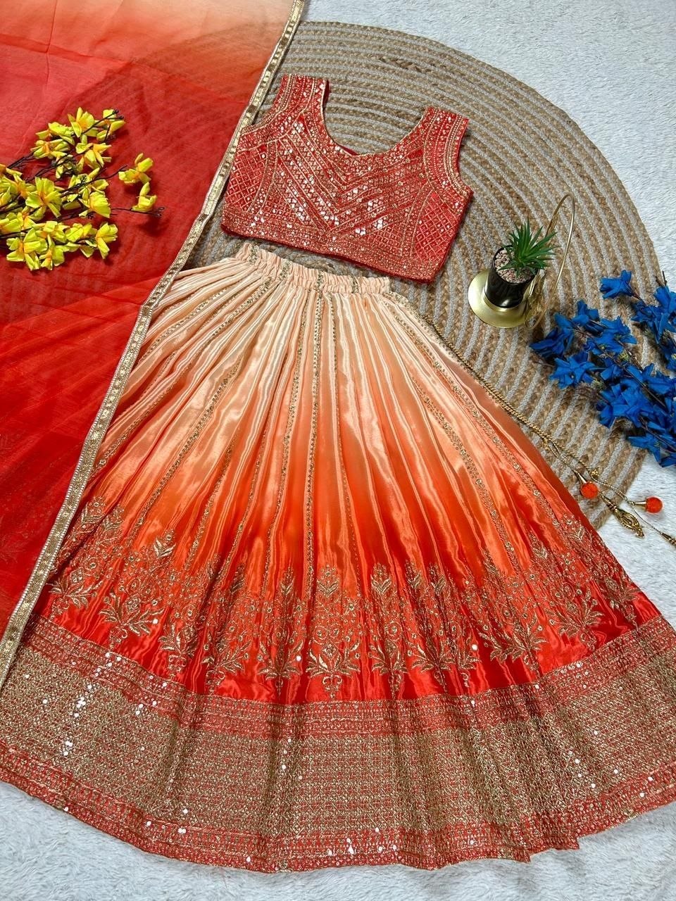 Orange Pure Soft Chinon Silk
Sequins Embroidery Work Kids Lehenga Choli