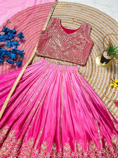 Pink Pure Soft Chinon Silk
Sequins Embroidery Work Kids Lehenga Choli