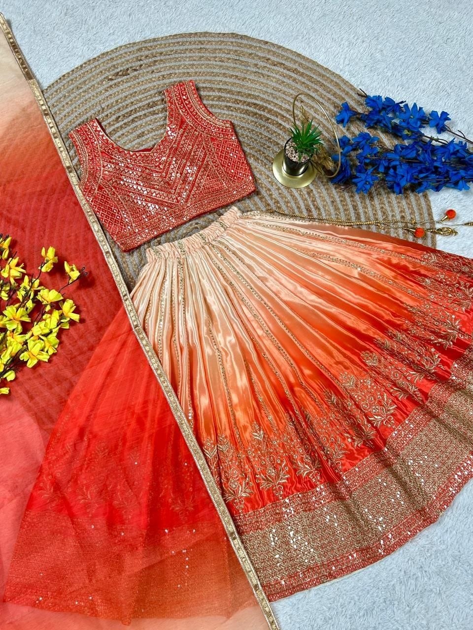 Orange Pure Soft Chinon Silk
Sequins Embroidery Work Kids Lehenga Choli