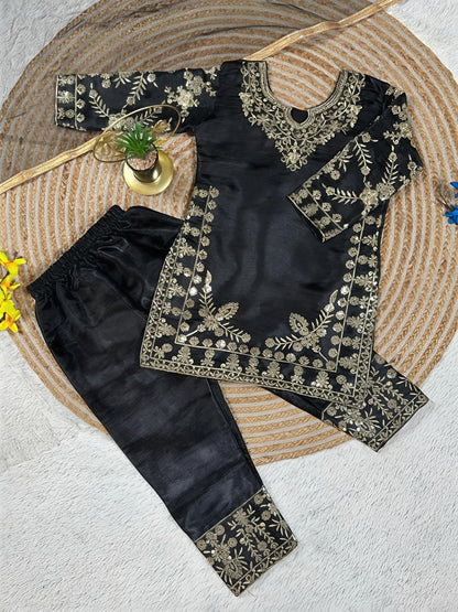 Black Pure Soft Fendy Silk
Sequins Embroidery Work Kids Salwar Suite