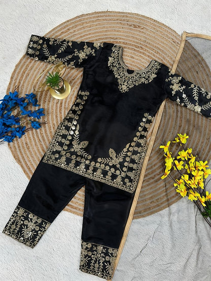 Black Pure Soft Fendy Silk
Sequins Embroidery Work Kids Salwar Suite