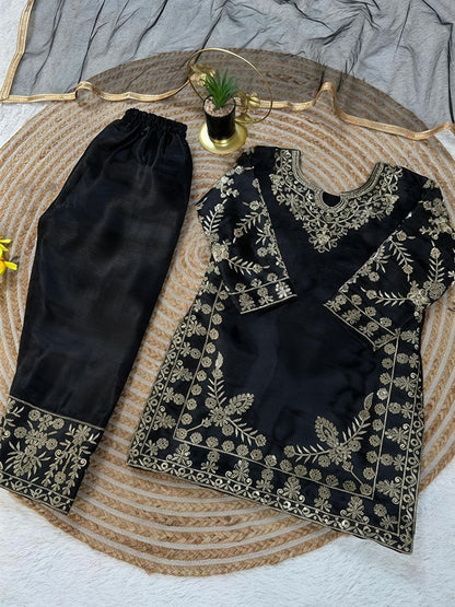 Black Pure Soft Fendy Silk
Sequins Embroidery Work Kids Salwar Suite
