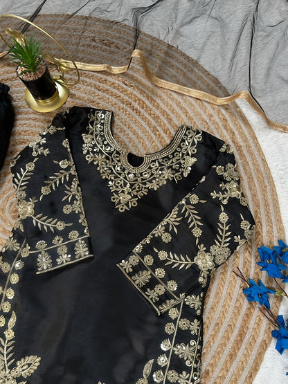 Black Pure Soft Fendy Silk
Sequins Embroidery Work Kids Salwar Suite