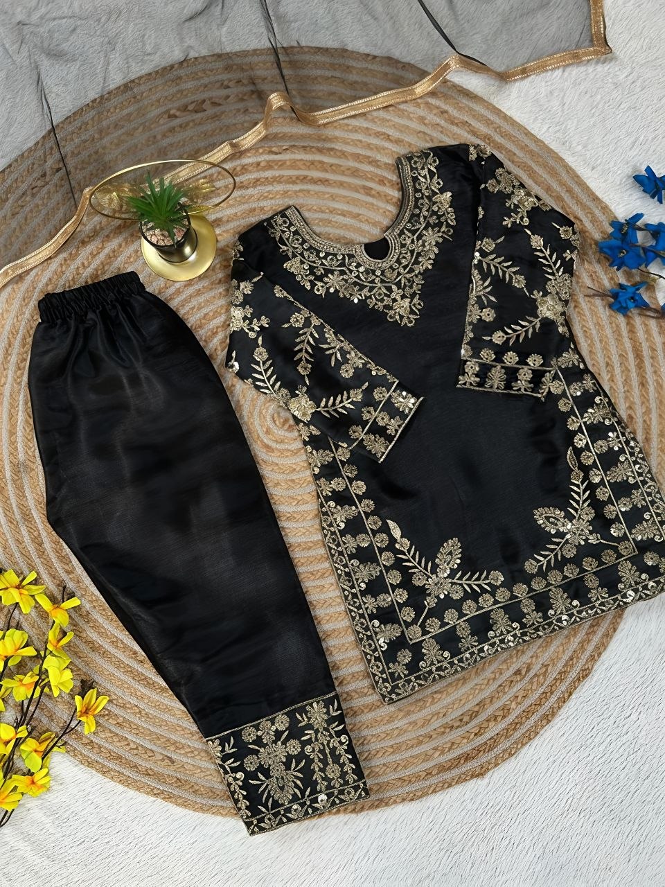 Black Pure Soft Fendy Silk
Sequins Embroidery Work Kids Salwar Suite