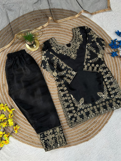Black Pure Soft Fendy Silk
Sequins Embroidery Work Kids Salwar Suite